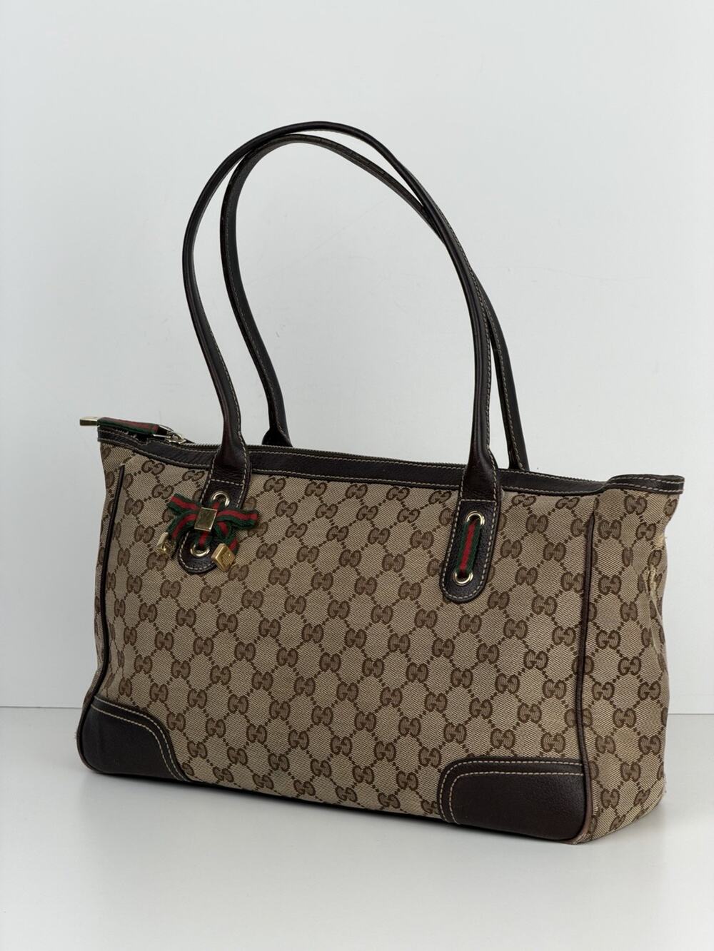 Gucci Medium Princy Tote Bag in GG Monogram Brown Canvas with Web Ribbon S18